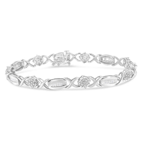 .925 Sterling Silver 1.0 Cttw Round-Cut and Baguette-Cut Diamond X-Link Bracelet (I-J Color, I1-I2 Clarity) - 7