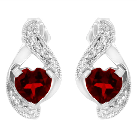 14KT White Gold 6x6mm Created Red Heart Garnet and Diamond Accent Earrings (I-J, I1-I2)