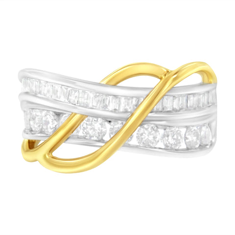 10 Karat White and Yellow Gold 1 1/10 Carat Total Weight Channel-Set Diamond Bypass Band Ring