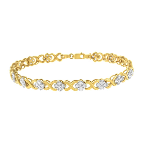 10K Yellow Gold over .925 Sterling Silver 1.0 Cttw Diamond Cluster X Link Tennis Link Bracelet (H-I Color, I3 Clarity) - 7