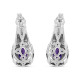 .925 Sterling Silver 8x6 MM Natural Oval Purple Amethyst Gemstone and Diamond Accent Art Deco Style Drop and Dangle Earrings (I-J Color, I1-I2 Clarity)