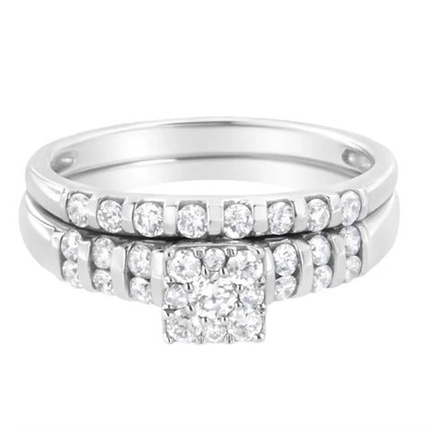 .925 Sterling Silver 3/4 cttw Lab Grown Diamond Engagement Ring and Band Set (F-G Color, VS2-SI1 Clarity)