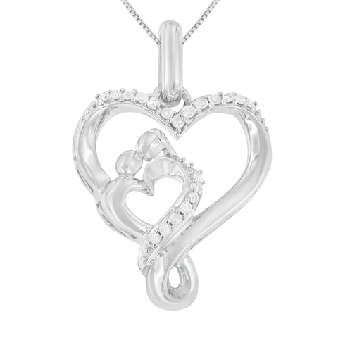 .925 Sterling Silver 1/10 cttw Diamond Mother & Child Double Open Heart 18