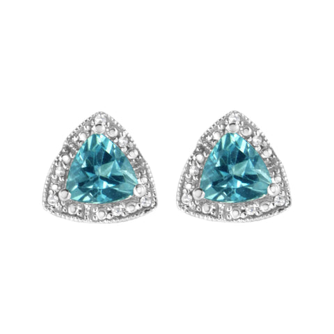 .925 Sterling Silver 6x6 mm Trillion Cut Blue Topaz Gemstone and Diamond Accent Stud Earring (I-J Color, I1-I2 Clarity)