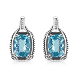 .925 Sterling Silver 14x10MM Cushion Cut Blue Topaz Gemstone and Diamond Accent Dangle Earring (I-J Color, I1-I2 Clarity)