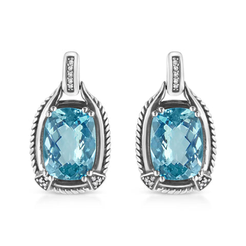 .925 Sterling Silver 14x10MM Cushion Cut Blue Topaz Gemstone and Diamond Accent Dangle Earring (I-J Color, I1-I2 Clarity)