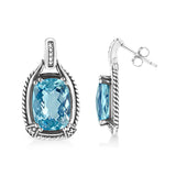 .925 Sterling Silver 14x10MM Cushion Cut Blue Topaz Gemstone and Diamond Accent Dangle Earring (I-J Color, I1-I2 Clarity)