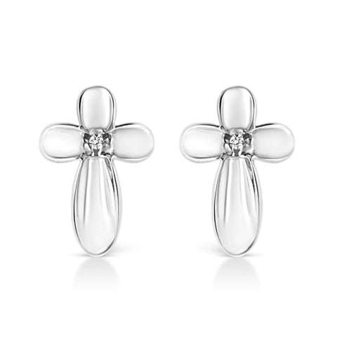 .925 Sterling Silver Prong Set Diamond Accent Floral Cross Stud Earring (I-J Color, I1-I2 Clarity)