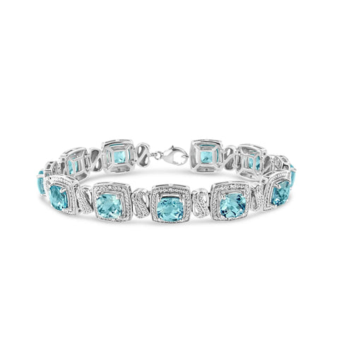 .925 Sterling Silver 7x7 mm Cushion Cut Blue Topaz and 1/10 Ctw Single Cut Diamond Square Shape Tennis Bracelet (I-J Color, I1-I2 Clarity) - 7