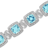 .925 Sterling Silver 7x7 mm Cushion Cut Blue Topaz and 1/10 Ctw Single Cut Diamond Square Shape Tennis Bracelet (I-J Color, I1-I2 Clarity) - 7"