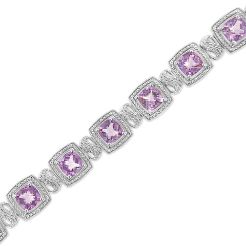 .925 Sterling Silver 7x7 mm Cushion Cut Purple Amethyst and 1/10 cttw Round Cut Diamond Square Shape Tennis Bracelet (I-J Color, I1-I2 Clarity) - 7