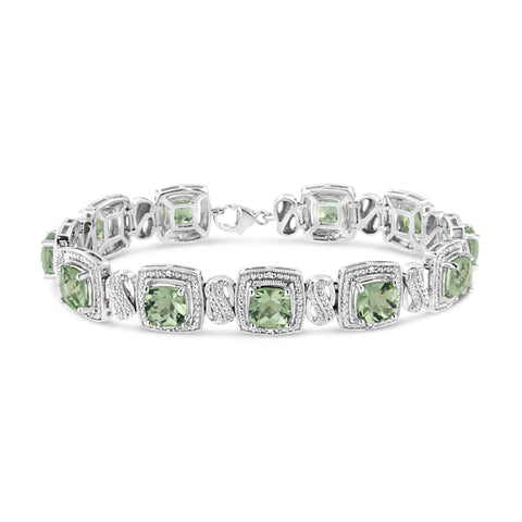 .925 Sterling Silver 7x7 mm Cushion Cut Green Amethyst and 1/10 cttw Single Cut Diamond Square Shape Tennis Bracelet (I-J Color, I1-I2 Clarity) - 7