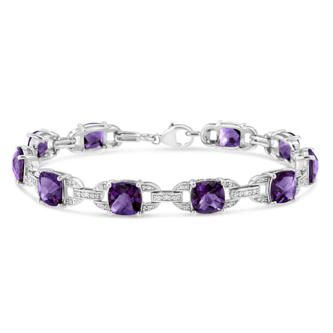 .925 Sterling Silver 7mm Cushion Cut Amethyst Gemstone and Diamond Tennis Link Bracelet (I-J Color, I1-I2 Clarity) - Size 7