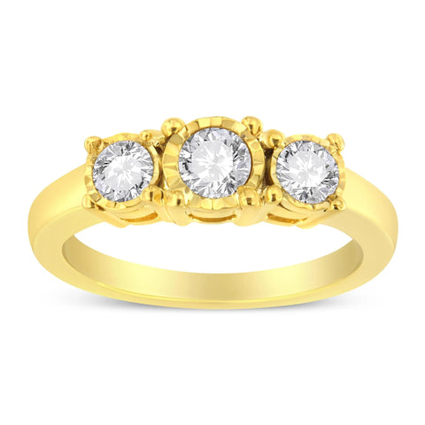 14K Yellow Gold Plated .925 Sterling Silver 3/4 Cttw Diamond Three Stone Illusion Plate Ring (J-K color, I1-I2 clarity)