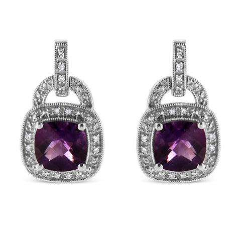 .925 Sterling Silver 8MM Natural Cushion Shaped Amethyst and Diamond Accent Halo with Push Back Dangle Earrings (I-J Color, I2-I3 Clarity)