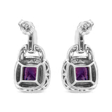 .925 Sterling Silver 8MM Natural Cushion Shaped Amethyst and Diamond Accent Halo with Push Back Dangle Earrings (I-J Color, I2-I3 Clarity)