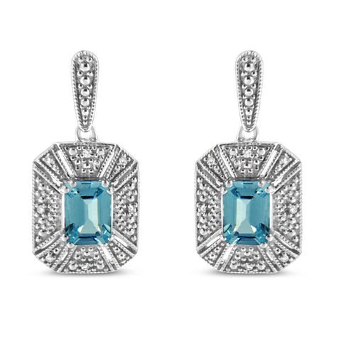 .925 Sterling Silver 7x5MM Emerald Shape Blue Topaz and Diamond Accent Art Deco Halo Style Drop and Dangle Earrings (I-J Color, I1-I2 Clarity)