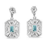 .925 Sterling Silver 7x5MM Emerald Shape Blue Topaz and Diamond Accent Art Deco Halo Style Drop and Dangle Earrings (I-J Color, I1-I2 Clarity)