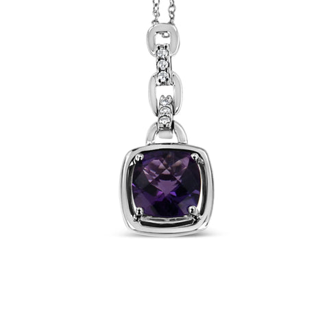 .925 Sterling Silver 6x6MM Cushion Shaped Natural Purple Amethyst and Diamond Accented Bale 18