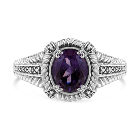 .925 Sterling Silver Prong Set Natural Oval Shape 9X7 MM Purple Amethyst Solitaire and Diamond Accent Ring (I-J Color, I1-I2 Clarity)