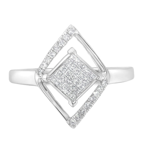 10k White Gold 1/3 Cttw Round and Princess Diamond Double Triangle Cocktail Ring (H-I Color, SI1-SI2 Clarity)