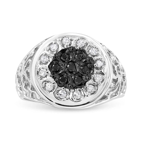 .925 Sterling Silver 1/4 Cttw White and Black Treated Diamond Halo Cluster Ring for Men (I-J Color, I3 Clarity)