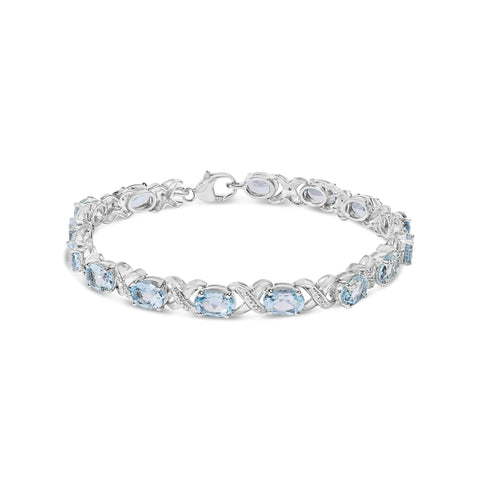 .925 Sterling Silver 16.0 Cttw Oval Blue Topaz and Diamond Accent Tennis X Link Bracelet (I-J Color, I1-I2 Clarity) - Size 7