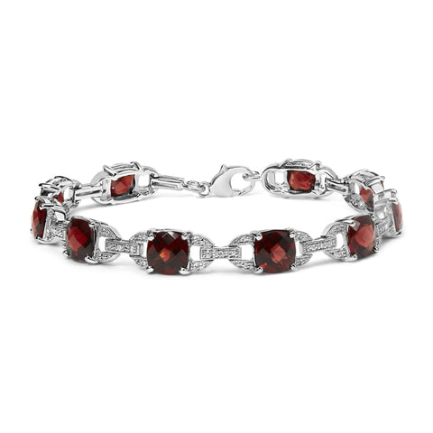 .925 Sterling Silver 7x7mm Checkered Cushion Red Garnet and Diamond Accent Fashion Tennis Link Bracelet (I-J Color, I1-I2 Clarity) - Size 7