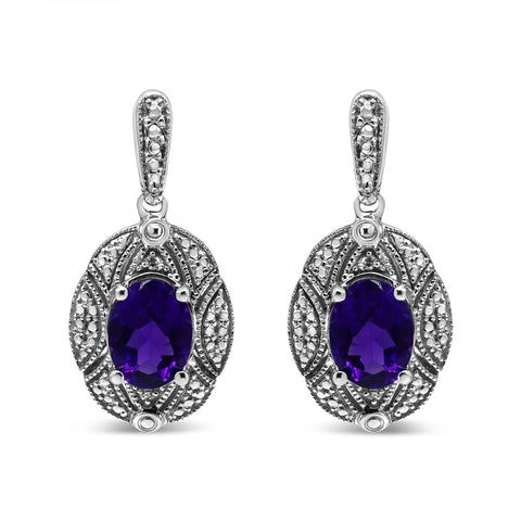 .925 Sterling Silver Diamond Accent and 8x6mm Purple Oval Amethyst Stud Earrings (I-J Color, I1-I2 Clarity)