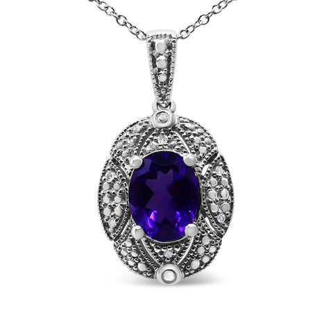 .925 Sterling Silver Diamond Accent and 9x7mm Purple Oval Amethyst Gemstone Pendant 18