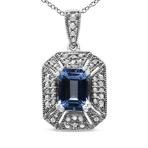 .925 Sterling Silver Blue Topaz and Diamond Accent Art Deco Style 18