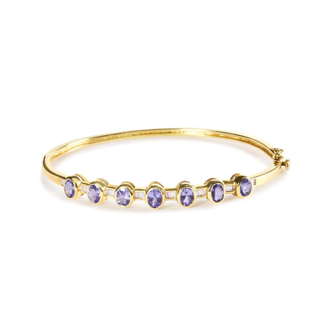 14K Yellow Gold Alternating Bezel Set 5MM Oval Shaped Tanzanite and 1/5 Cttw Diamond Bangle Bracelet (H-I Color, VS2-SI1 Clarity) - Fit's wrists up to 7.25