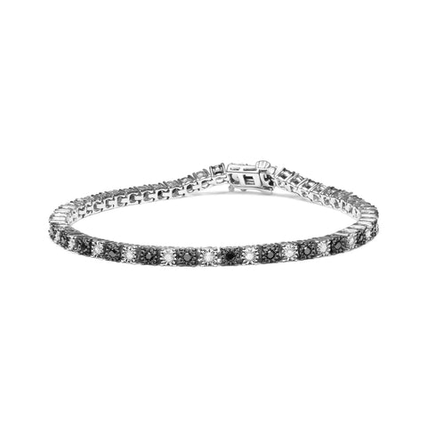 .925 Sterling Silver 1.0 Cttw with Alternating Round White Diamond and Round Treated Black Diamond Tennis Bracelet (Black and I-J Color, I3 Clarity) - Size 7