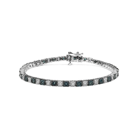 .925 Sterling Silver 1.0 Cttw with Alternating Round White Diamond and Round Treated Blue Diamond Tennis Bracelet (Blue and I-J Color, I3 Clarity) - Size 7