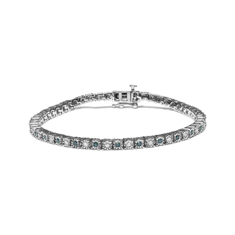 .925 Sterling Silver 1.0 Cttw with Alternating Round White Diamond and Round Treated Green Diamond Tennis Bracelet (Green and I-J Color, I3 Clarity) - Size 7