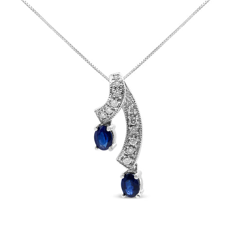 14K White Gold 5x4 MM Oval Shaped Natural Blue Sapphire and Diamond Accent Double Drop Ribbon 18