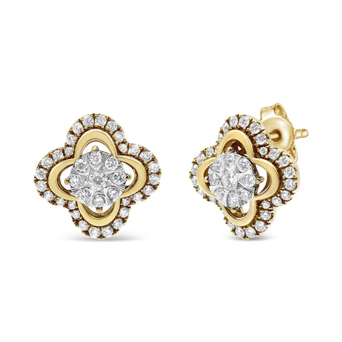 14K Yellow and White Gold 1.00 Cttw Diamond Vintage Style Fleur De Lis Halo Stud Earrings (H-I Color, SI2-I1Clarity)