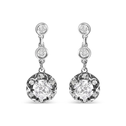 14k White Gold 5/8 Cttw Diamond Halo Drop and Dangle Earrings Stud with Bale (I-J Color, I1-I2 Clarity)