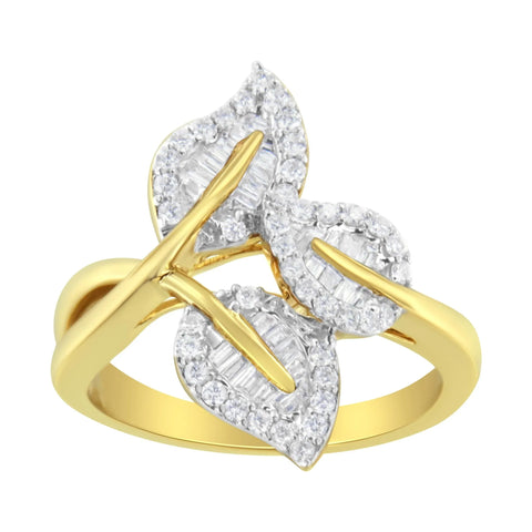 18K Yellow and White Gold Plated .925 Sterling Silver 3/8 Cttw Baguette and Round Diamond Bypass Triple Leaf Ring (I-J Color, I1-I2 Clarity)