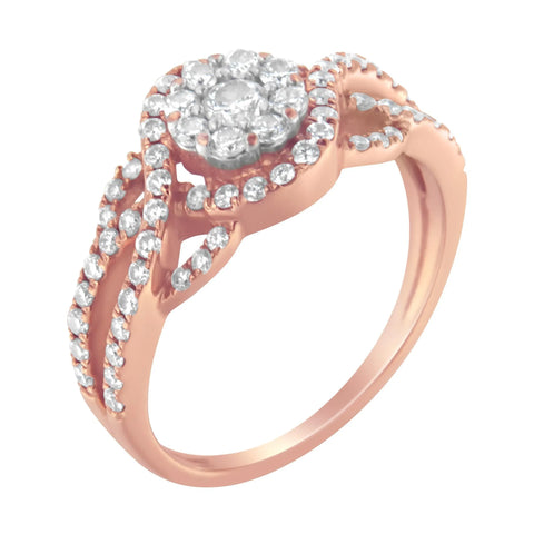 10K Rose Gold 3/4 Cttw Diamond Floral Cluster Head and Twisted Shank Cocktail  Ring (H-I Color, SI1-SI2 Clarity)-