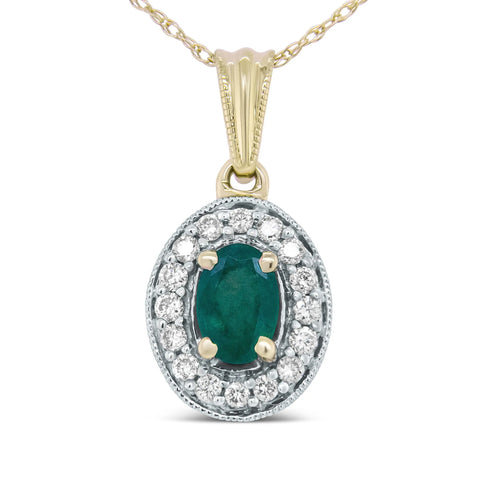 14K Yellow Gold 6x4mm Emerald and 1/5 Cttw Round Diamond Halo Pendant 18