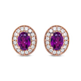 14K Rose Gold 7x5mm Oval Cut Garnet and 3/8 Cttw Round Diamond Halo Stud Earrings (G-H Color, SI1-SI2 Clarity)