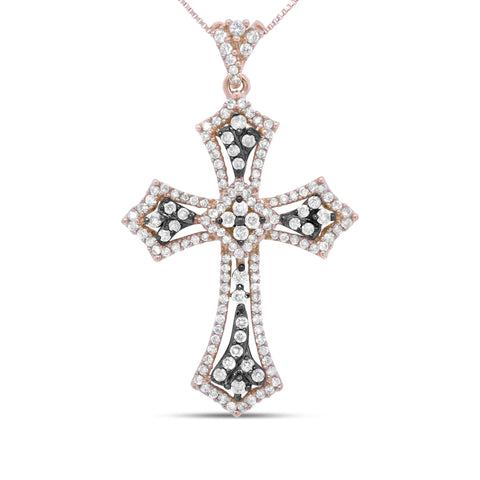 14K Rose Gold and Black Rhodium 1.0 Cttw Diamond Ornate Vintage St. James Budded Cross Pendant 18