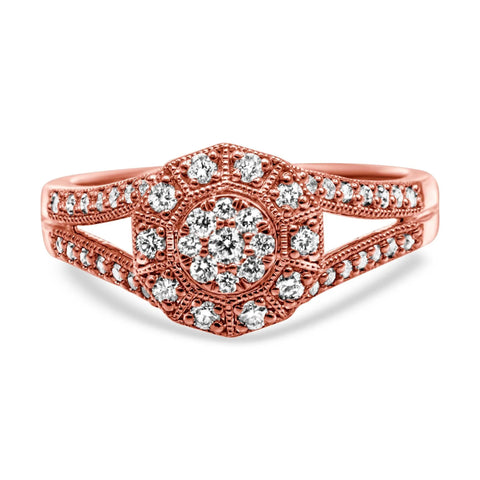 14K Rose Gold Plated .925 Sterling Silver 1/2 Cttw Pave Diamond Halo Cluster Split Shank Cocktail Ring (I-J Color, I1-I2 Clarity)