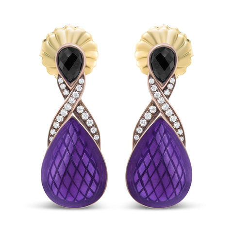 18K Rose Gold Flash Plated .925 Sterling Silver Purple Enamel 1/5 Cttw Round Pave-Set Diamond and 5.5 x 4mm Pear-Shaped Black Onyx Drop Earrings (F-G Color, VS1-VS2 Clarity)