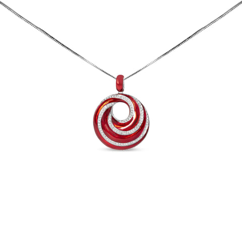 .925 Sterling Silver Red Enamel and 1/2 Diamond Endless Swirl Medallion 18