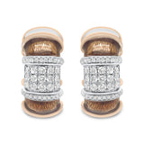 18K White and Rose Gold Flash Plated .925 Sterling Silver Clear Brown Enamel 1/6 Cttw Round Diamond Huggie Hoop Earrings (F-G Color, VS1-VS2 Clarity)