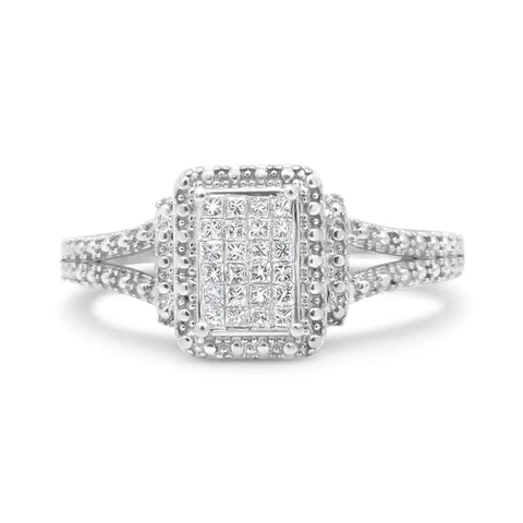 .925 Sterling Silver 1/4 Cttw Princess-cut Diamond Composite Engagement Ring with Beaded Shank (H-I Color, SI1-SI2 Clarity)