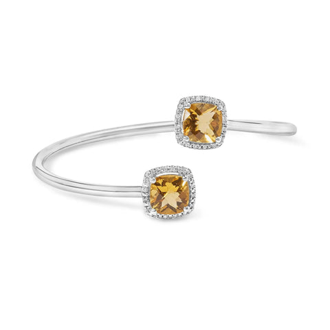 .925 Sterling Silver 8mm Cushion Cut Yellow Citrine Gemstone and Diamond Accent Split Bypass Bangle Bracelet (H-I Color, SI1-SI2 Clarity)  - Fits up to 7.75