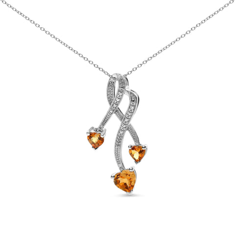 .925 Sterling Silver 3-Stone Heart Shape Citrine and Diamond Accent Spiral Drop 18